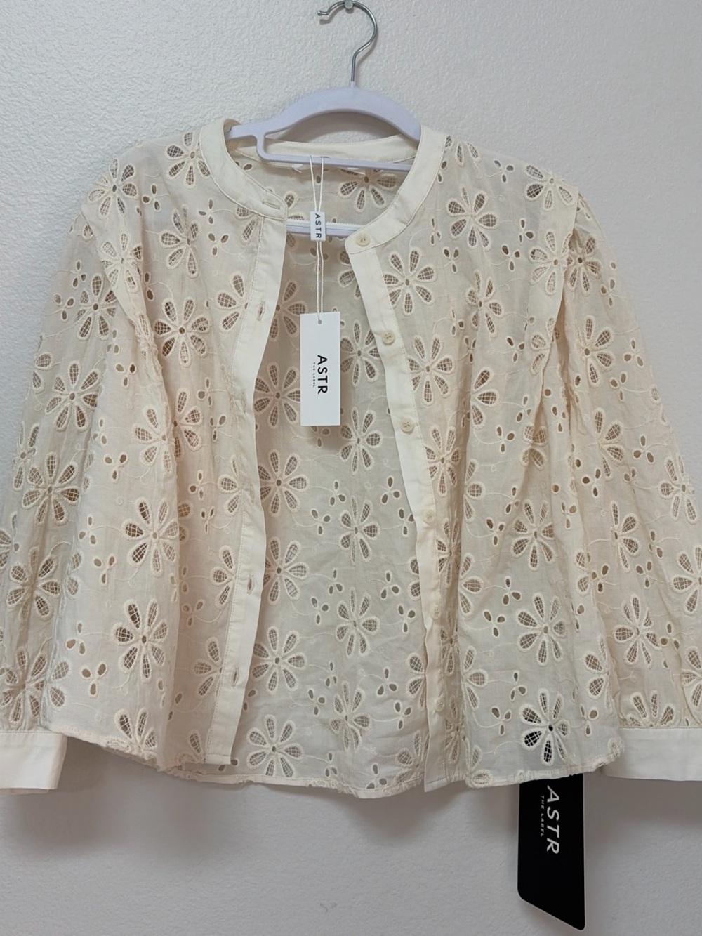 ASTR Cream Eyelet Button-Down Floral Cutwork Top